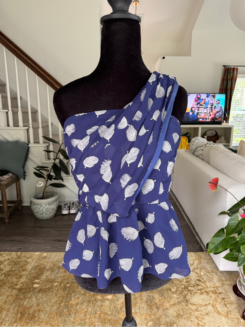 Asymmetric Silk Boho One-Shoulder Navy Blue Printed Peplum Tunic Top